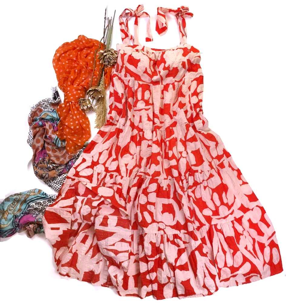 Nordstrom Christina Martinez Red & White Tie-Shoulder Sundress Sz M - Picture 2 of 11